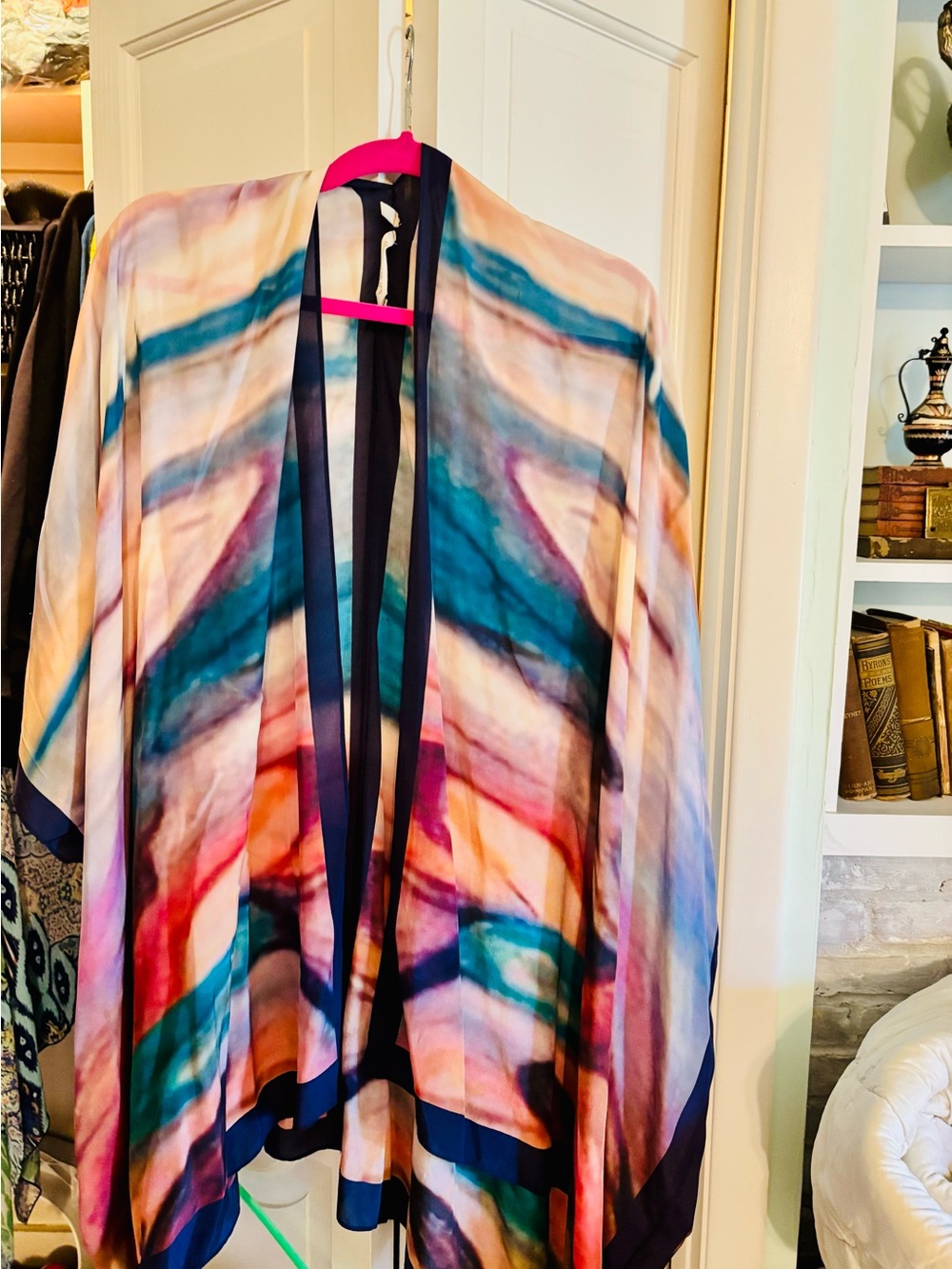 Lovely, Multicolor Watercolor Open-Front Kimono-Style Topper with Navy Trim